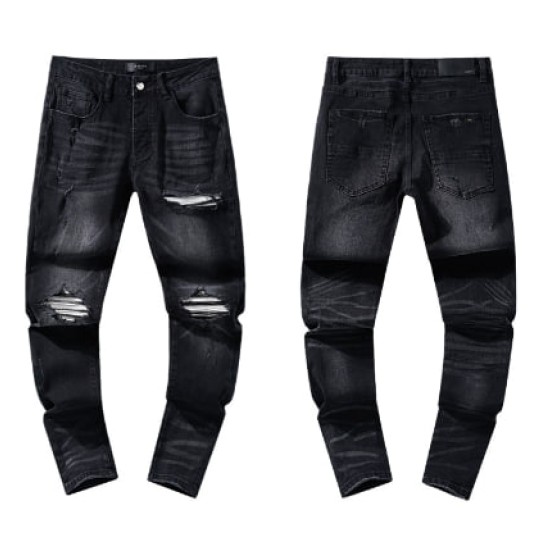 Black Washed Denim Jeans with Layered Knee Distressing